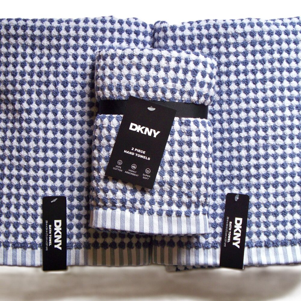 DKNY Monet Tile Magnet 4 Pc Towel Set 2 Bath 2 Hand Blue Gingham Checks NWT